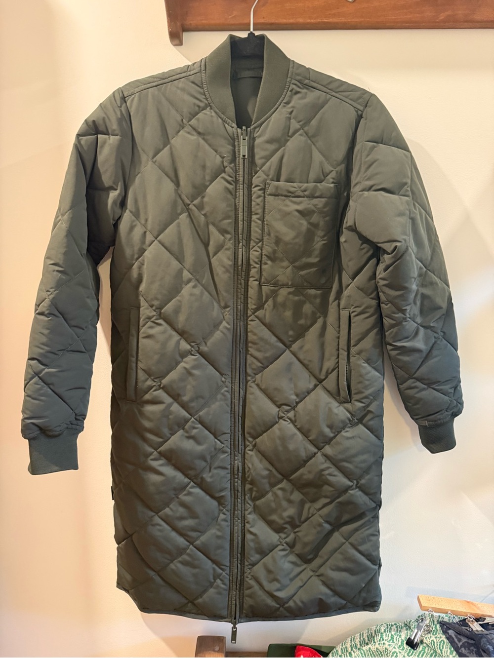 Reversible Frank and Oak Long Quilted Bomber-Style Puffer Coat in Olive